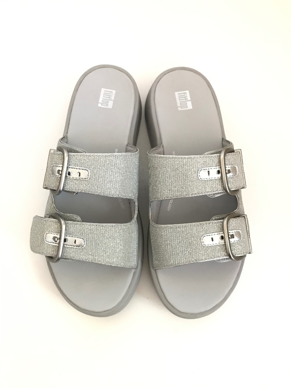FITFLOP F-MODE Buckle Shimmerlux Flatform Two Bar Slide Sandals Silver Size 9